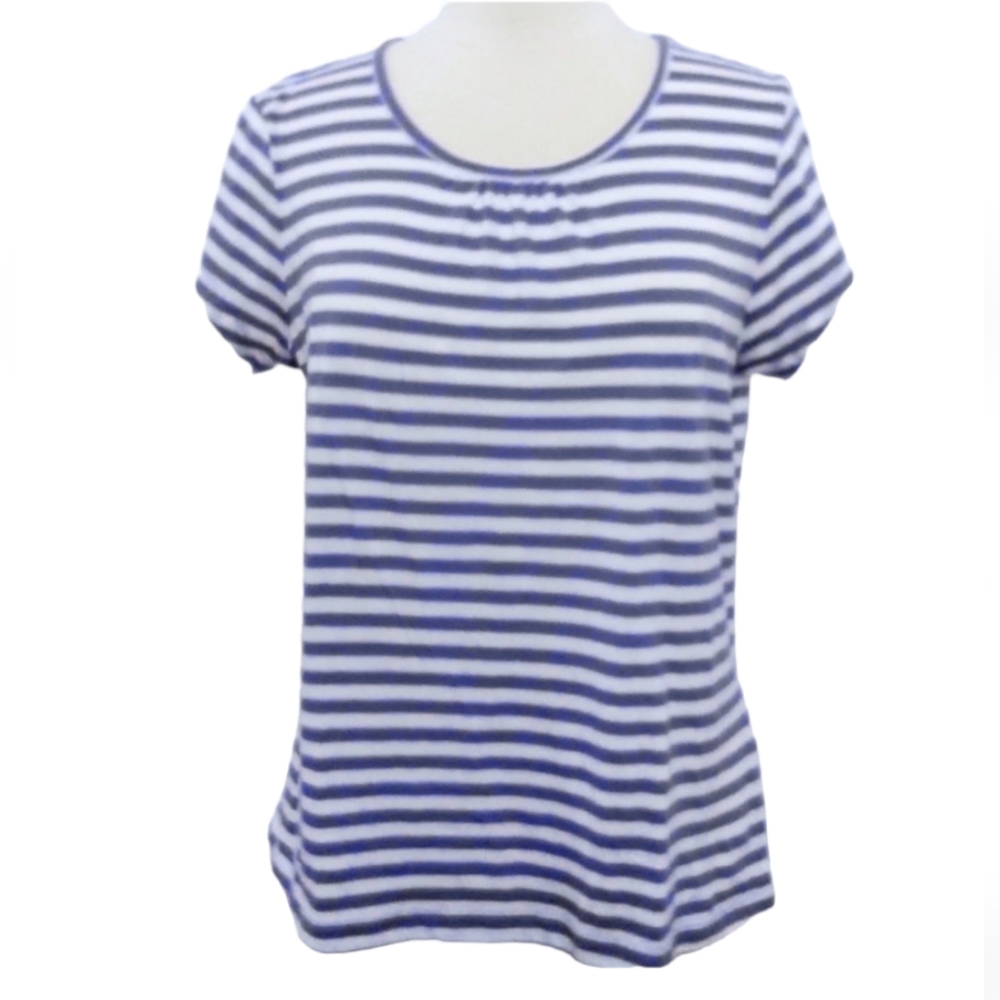 Columbia Striped Comfy Scoop Neck Short Sleeve Tee Purple White Large